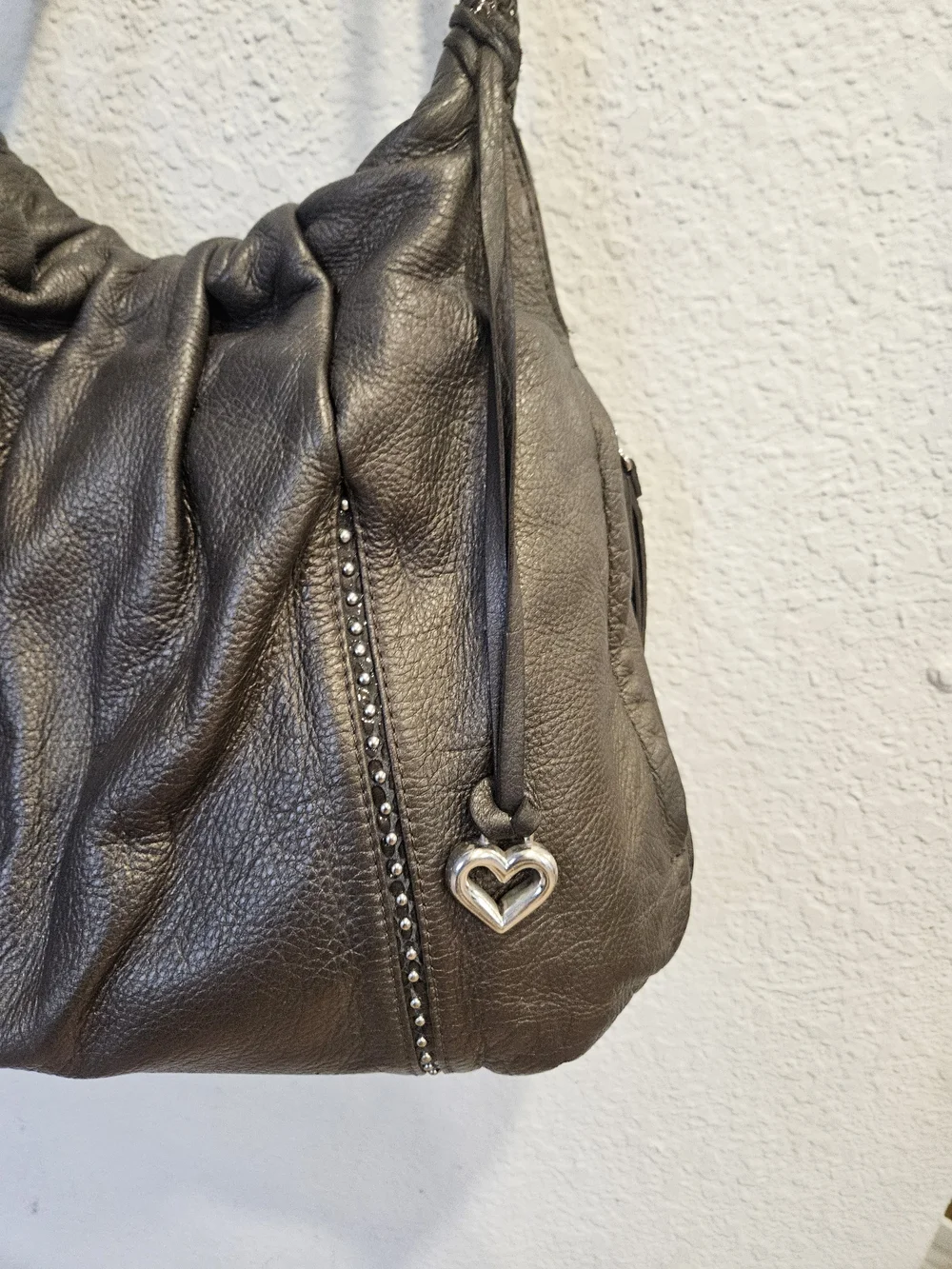 Brighton Greta Garbo Femme Fatale Pewter Studded Leather Slouchy Hobo Bag E84883